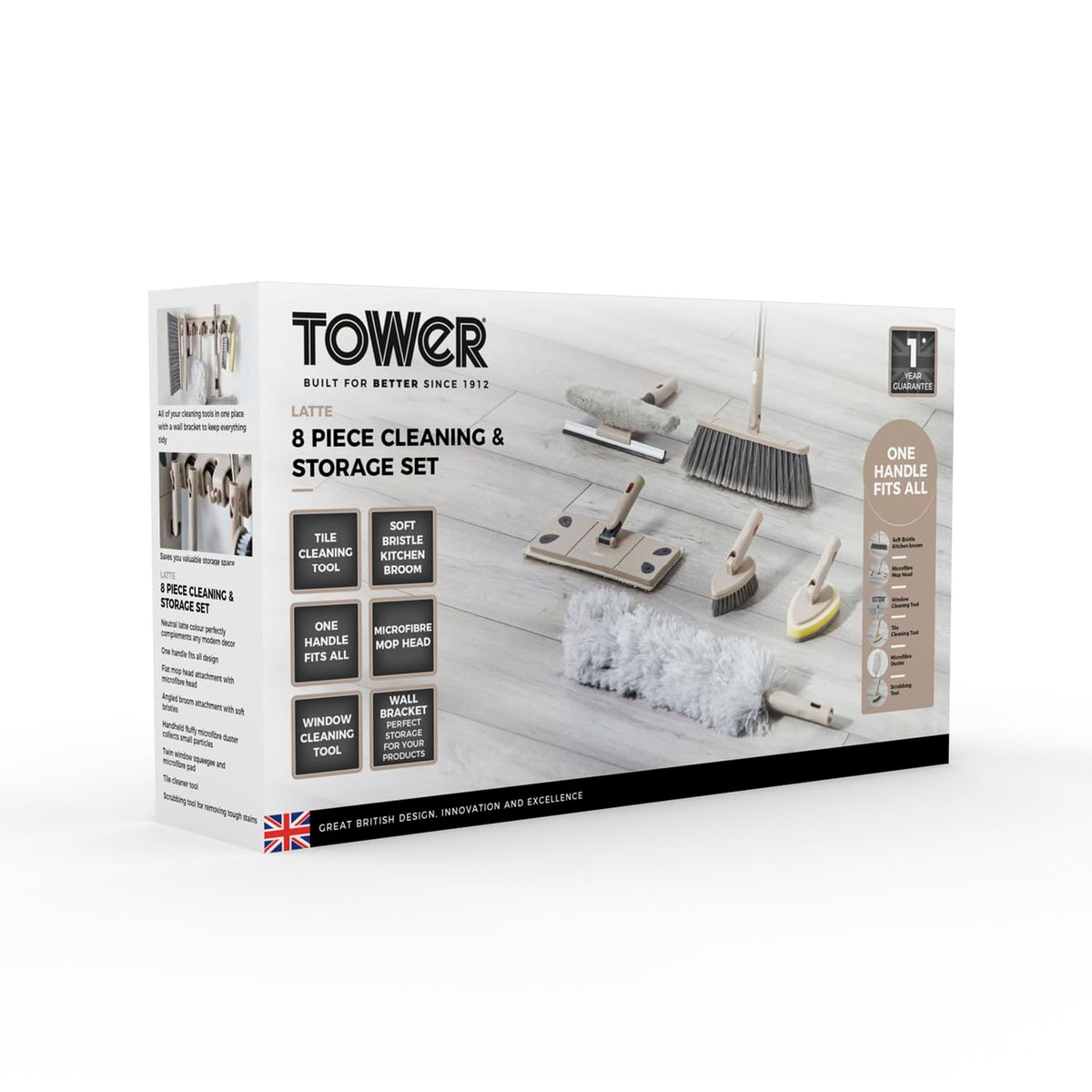 Tower Cavaletto 8 Piece Cleaning & Storage Set - Includes Mop, Broom, Duster, Window Tool | Latte 11
