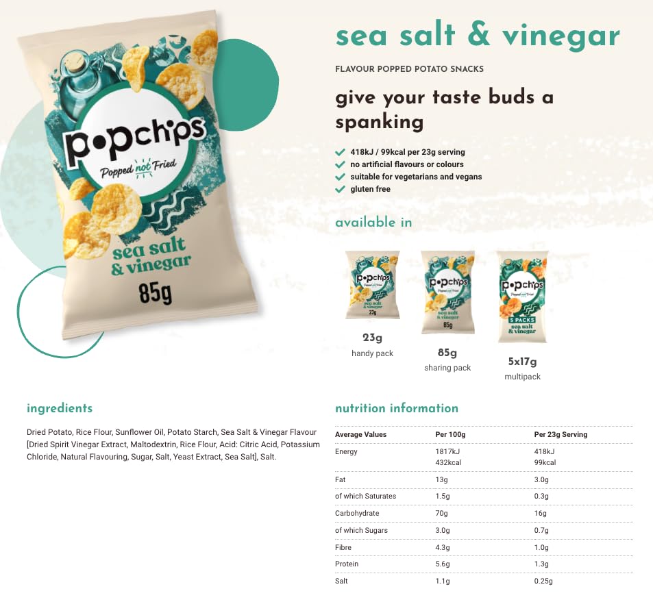 Popchips Sea Salt & Vinegar Popped Potato Chips - 8 x 85g Multipack