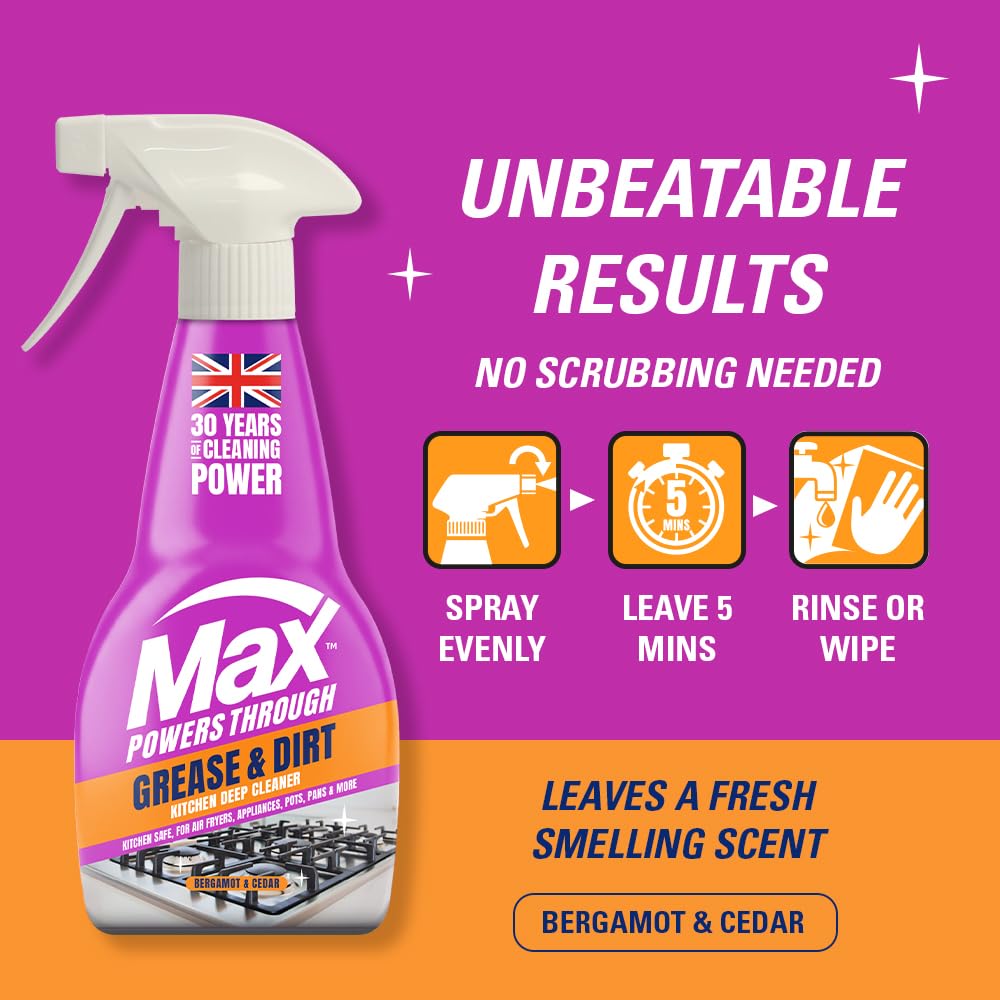 Max Grease & Dirt All-Purpose Cleaner Spray - High Performance Grease Remover, Kitchen Surfaces & Appliances, Bergamot and Cedar Scent, 1000ml (2 x 500ml) 4