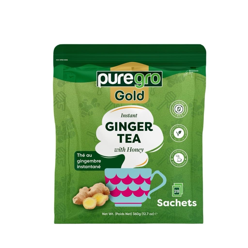 Puregro Instant Ginger Tea with Honey - 20 Sachets | Warming & Soothing Herbal Tea