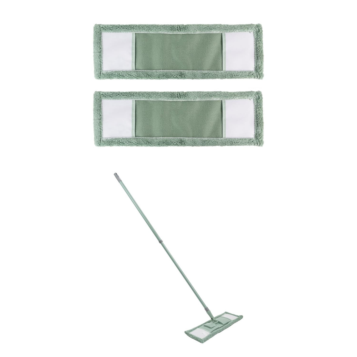 JVL Extended Microfibre Flat Mop with 2 Replacement Heads - Machine Washable, Telescopic Handle | Green
