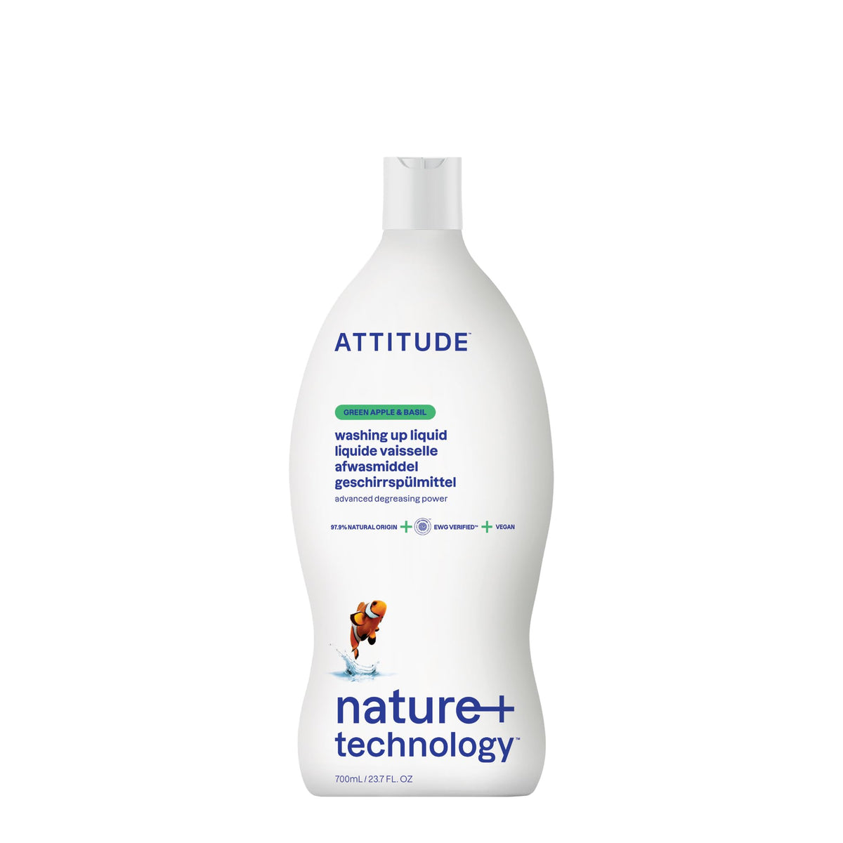 ATTITUDE Washing-Up Liquid - EWG Verified, Plant-Based Formula, Gentle on Hands, Green Apple & Basil Scent, 700ml