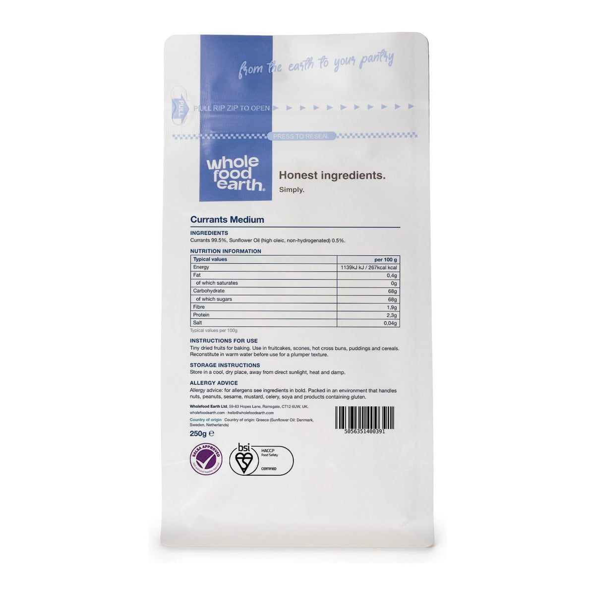 Wholefood Earth Medium Currants - 250g | Source of Fibre | GMO Free 2