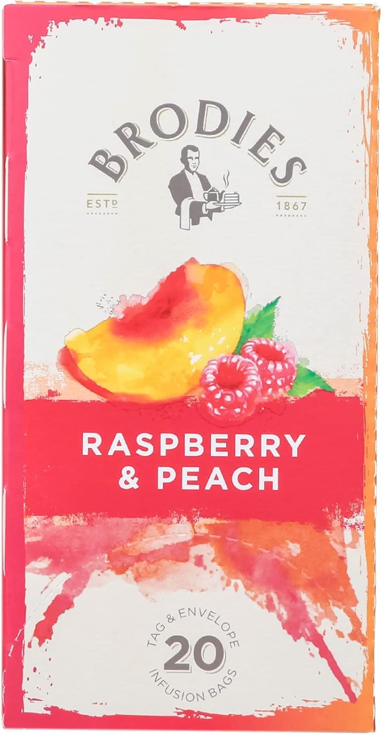 Brodies Raspberry & Peach Flavored Black Tea - Caffeine-Free, 120 Tea Bags (6 Boxes of 20) 6