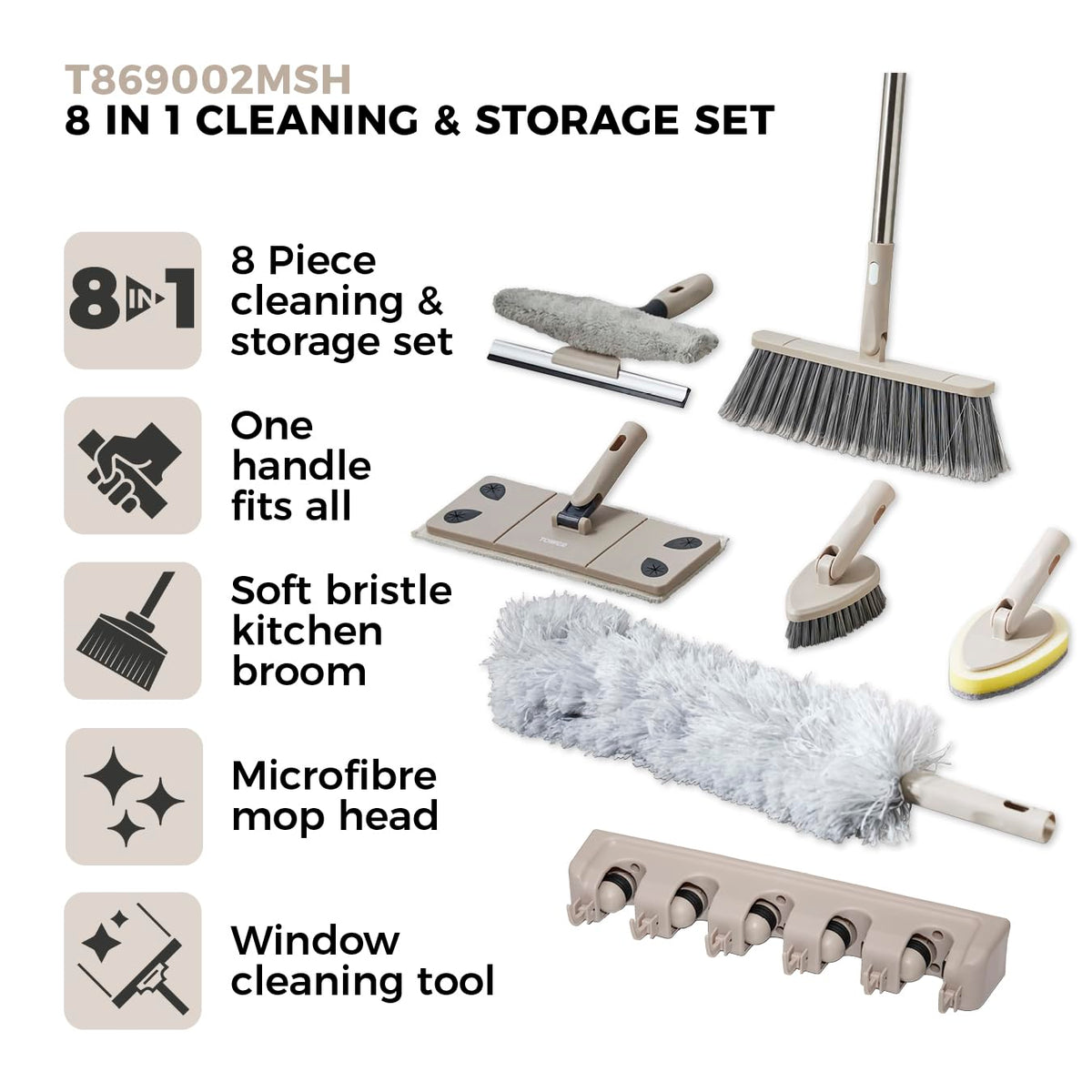 Tower Cavaletto 8 Piece Cleaning & Storage Set - Includes Mop, Broom, Duster, Window Tool | Latte 2