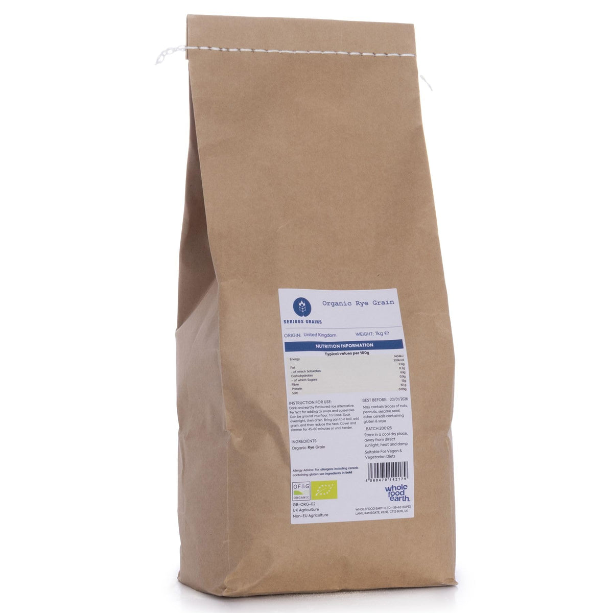 Wholefood Earth Organic Rye Grain - 1kg 1