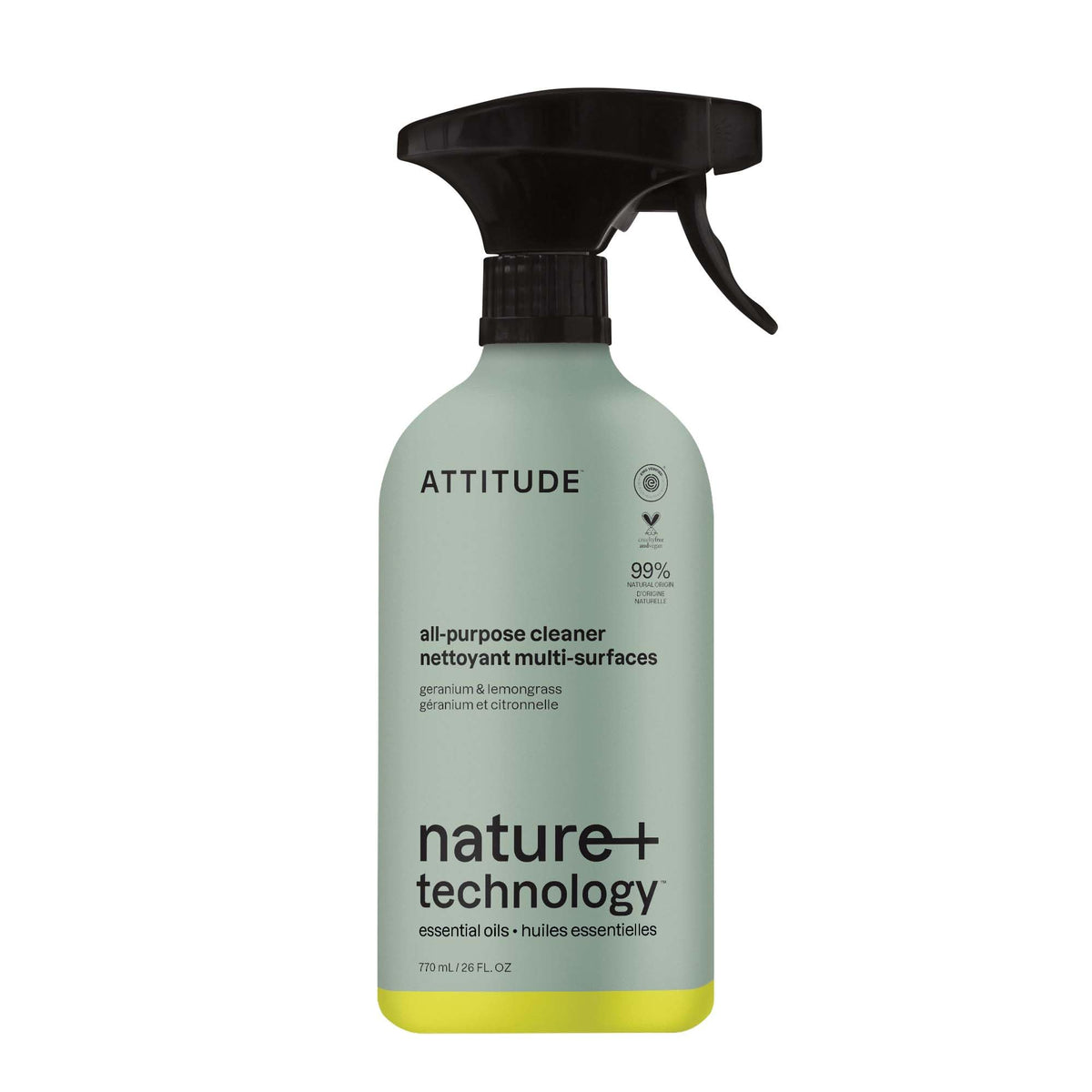 ATTITUDE All-Purpose Cleaner Spray - EWG Verified, Streak-Free Finish, Geranium & Lemongrass Scent, 770 ml