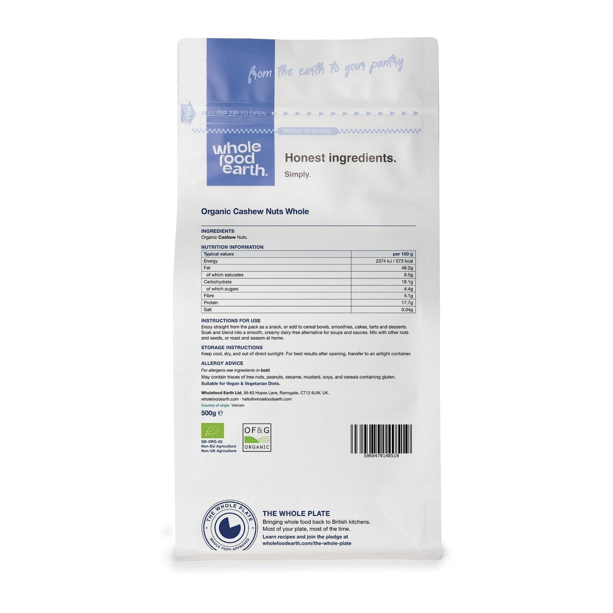 Wholefood Earth Organic Cashew Nuts Whole - 500g | Raw | Vegan | GMO Free