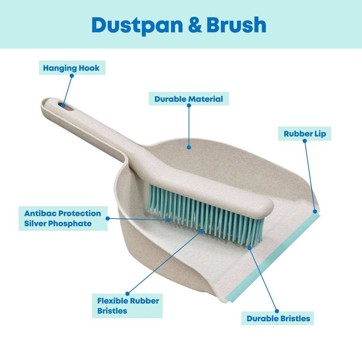 JVL Pro Clean Anti-Bac Dustpan and Brush Set with Rubber Bristles | Antibacterial | Blue 2