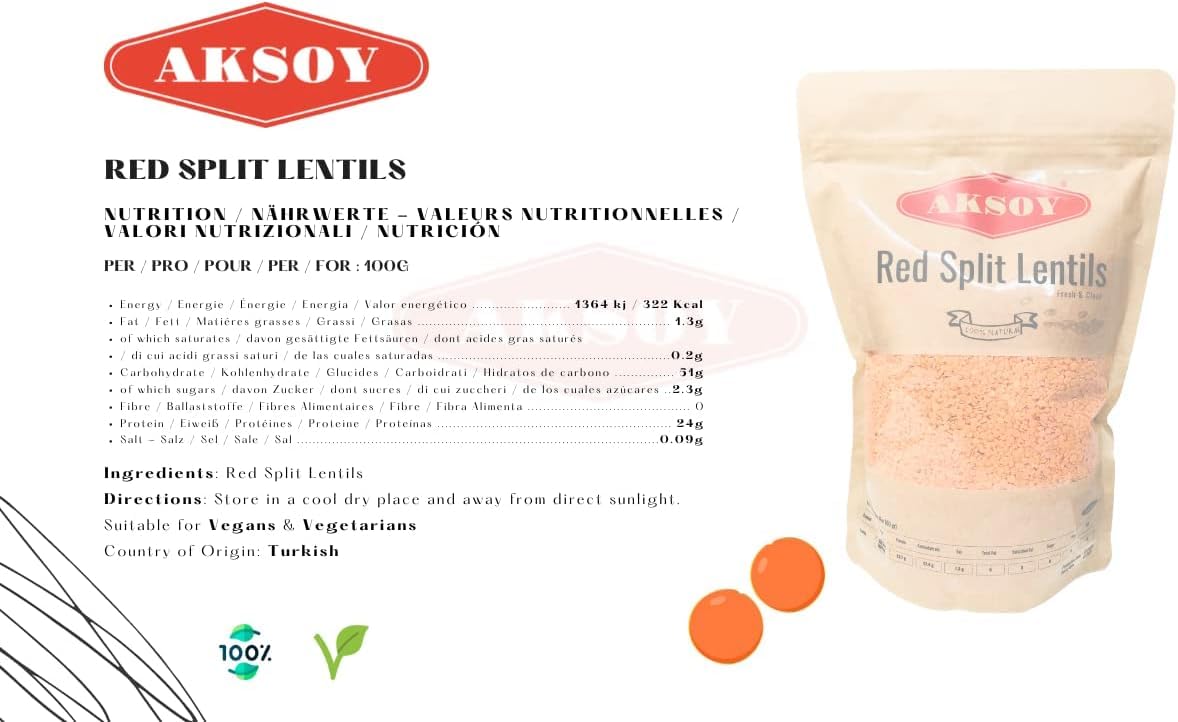 AKSOY Red Split Lentils - 1.25kg Bag | Suitable for Vegans & Vegetarians | Turkish Origin 3