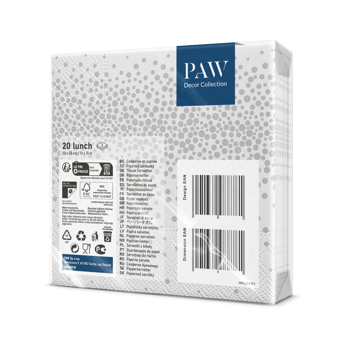 PAW Decor Collection Confetti Silver Napkins - 3-Ply Paper | 33 x 33 cm | Pack of 20