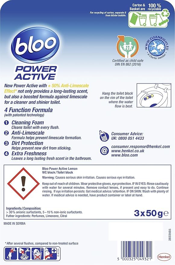 Bloo Power Active Toilet Rim Block - Lemon Scent, Anti-Limescale, Cleaning Foam | 2 x 3 Count