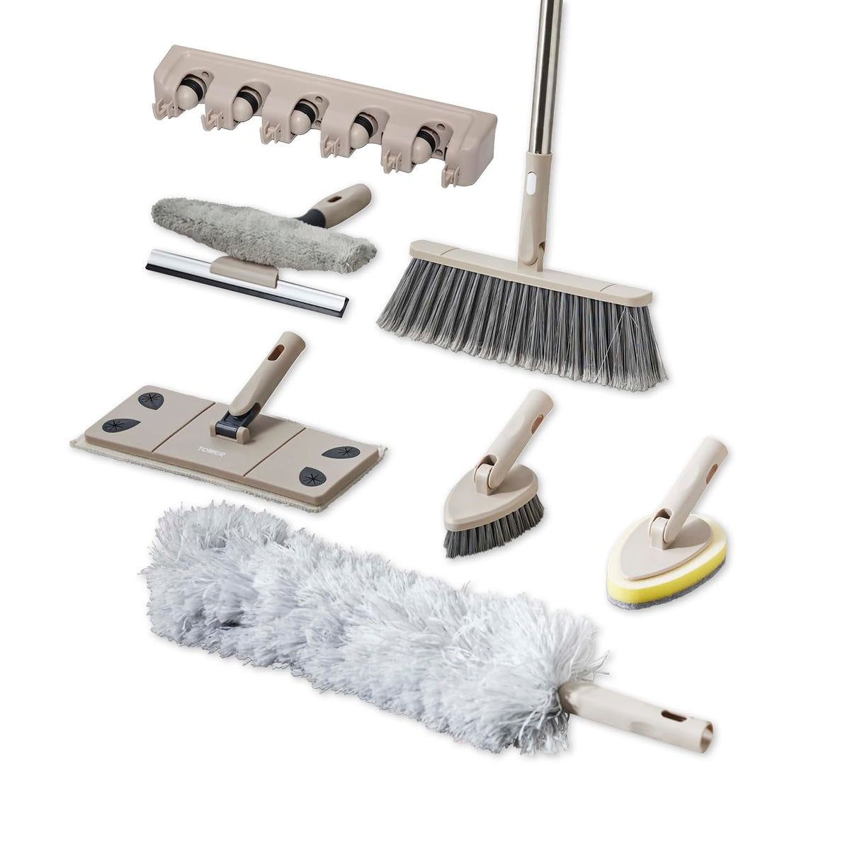 Tower Cavaletto 8 Piece Cleaning & Storage Set - Includes Mop, Broom, Duster, Window Tool | Latte 1