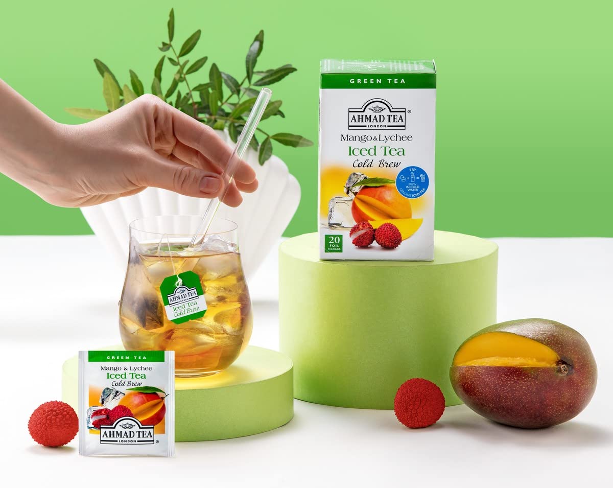 Ahmad Tea Mango & Lychee Cold Brew Green Tea - 20 Count Foil Tea Bags | Pack of 5