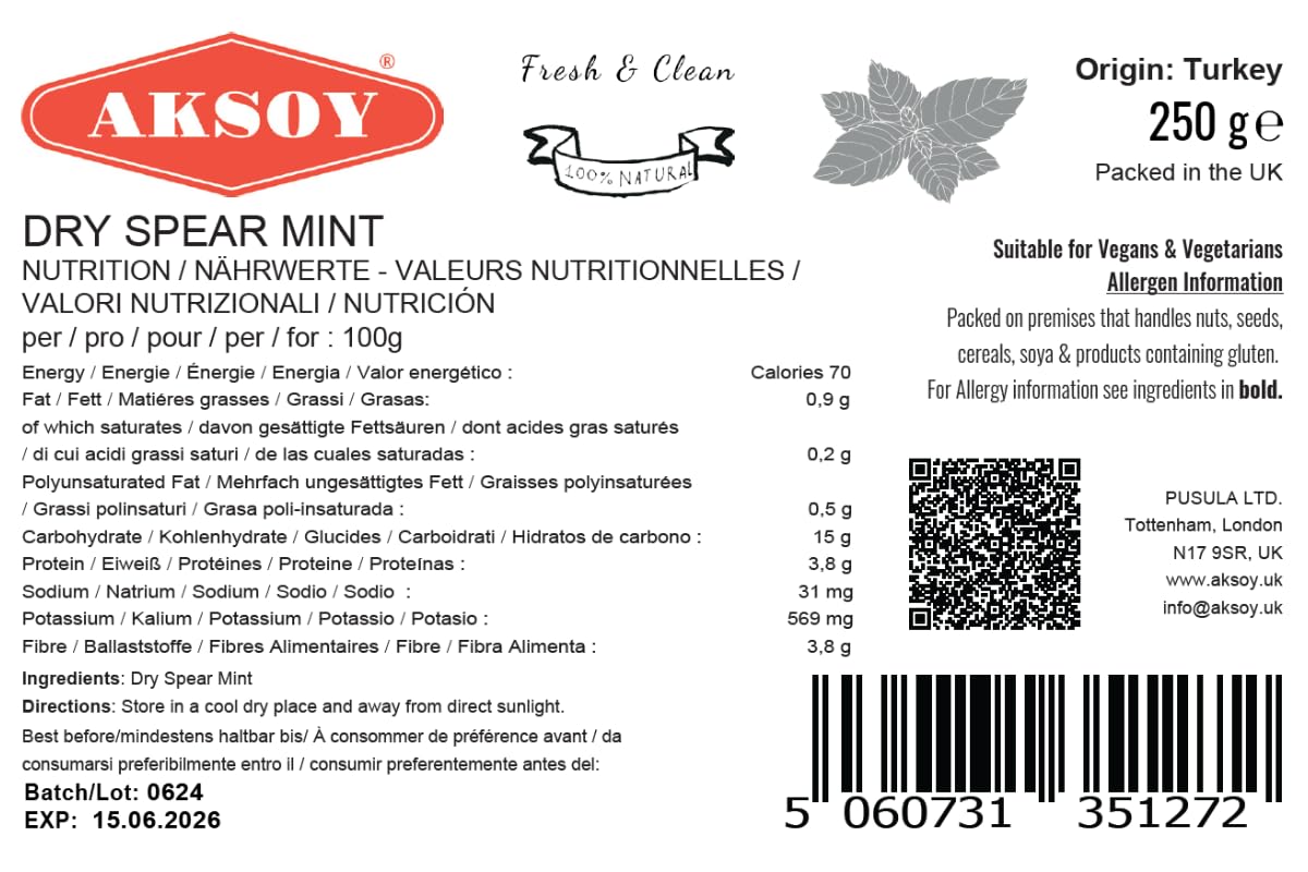 AKSOY Peppermint Leaf - 250g Dried Mint Leaves for Tea & Cooking