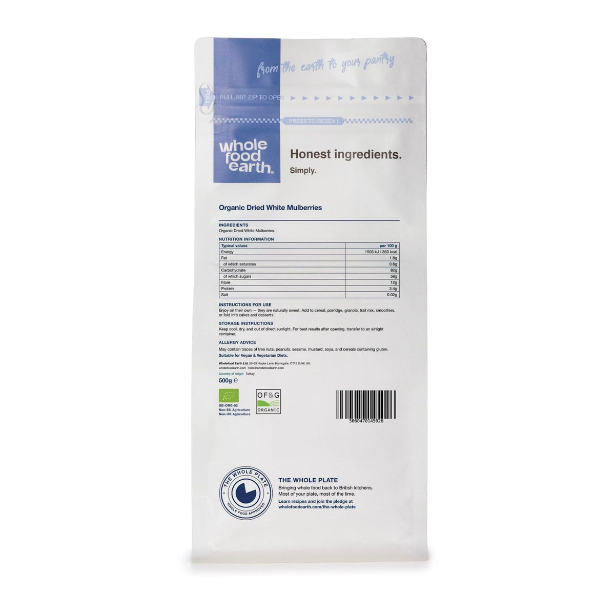 Wholefood Earth Organic Dried White Mulberries - 500g | Raw | Sundried
