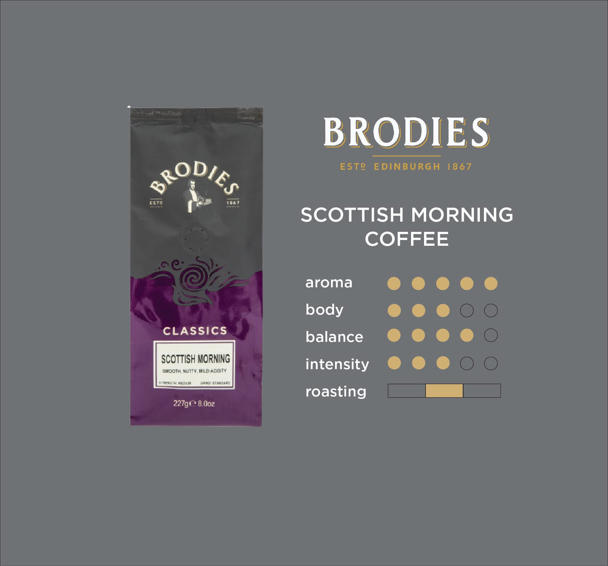 Brodies Scottish Morning 100% Arabica Ground Coffee - 227g Pack of 4 6
