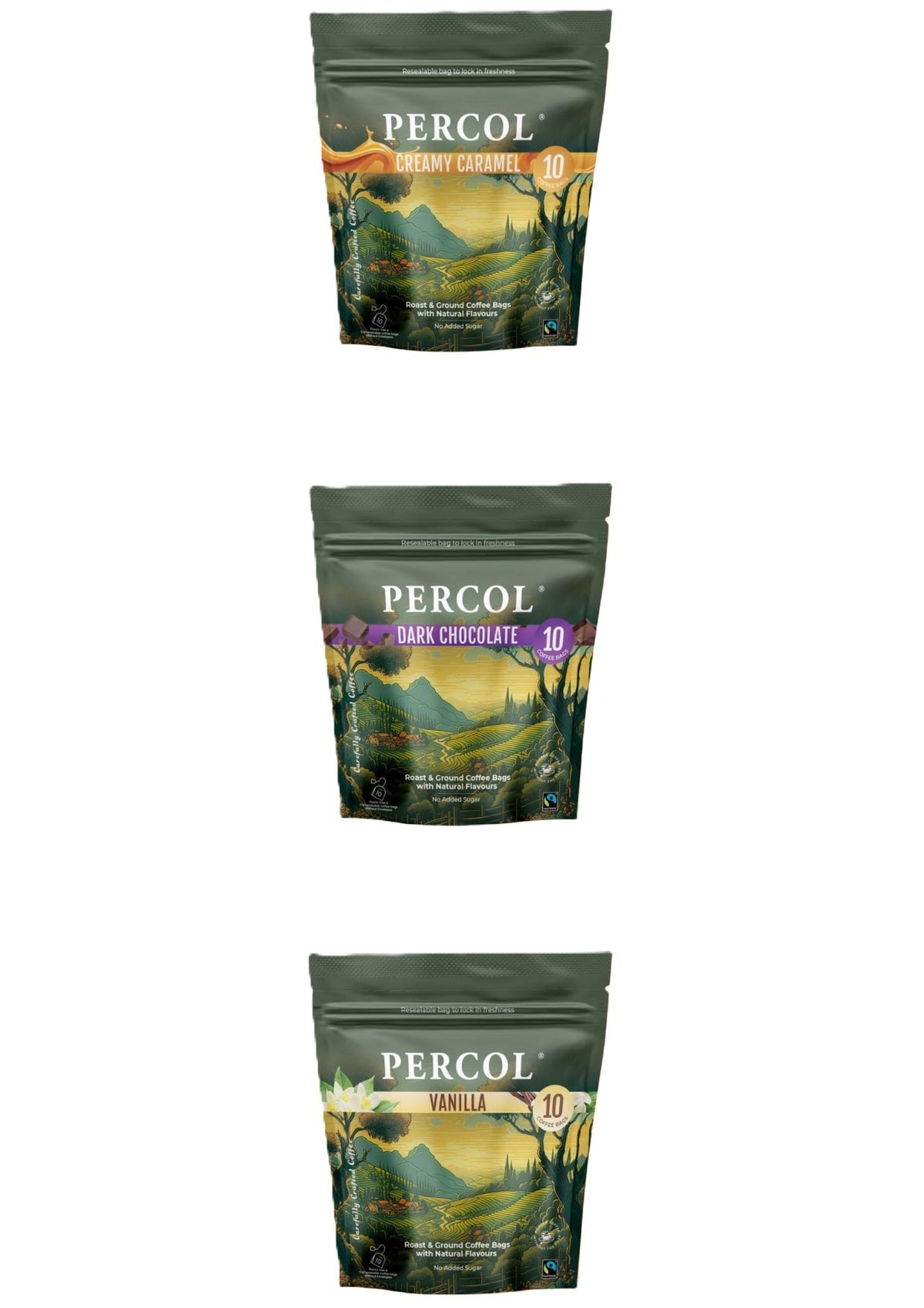 PERCOL Assorted Flavoured Ground Coffee Bags - Caramel, Chocolate & Vanilla | 3 Flavours | 240g (Pack of 3)