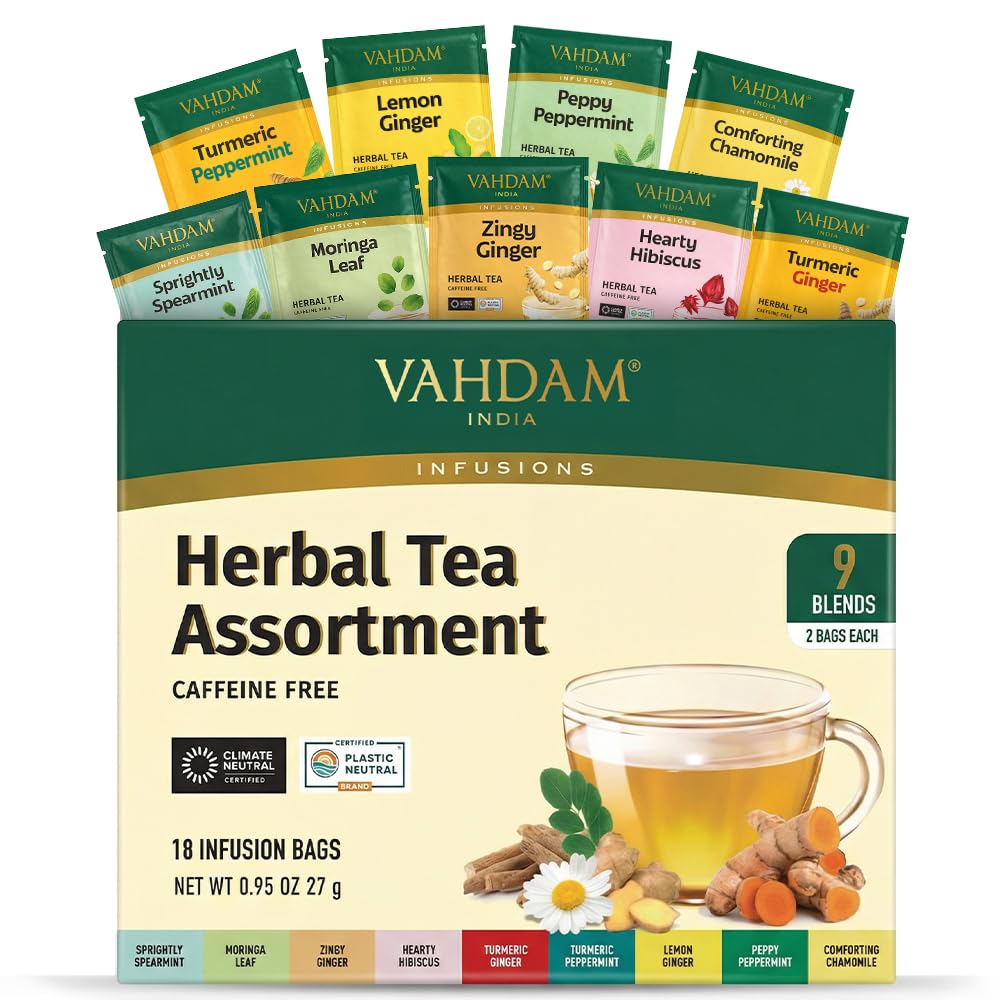 VAHDAM Assorted Herbal Tea Sampler - 18 Tea Bags, 9 Caffeine-Free Flavors