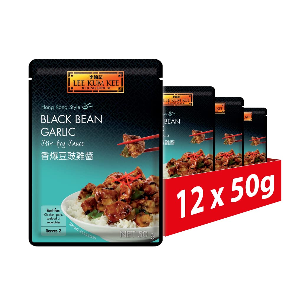 Lee Kum Kee Black Bean Garlic Stir-Fry Sauce - Authentic Hong Kong Style | 50g per pouch | Pack of 12 1