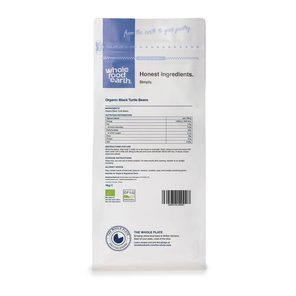 Wholefood Earth Organic Black Turtle Beans - 1kg | Raw | GMO Free | Vegan
