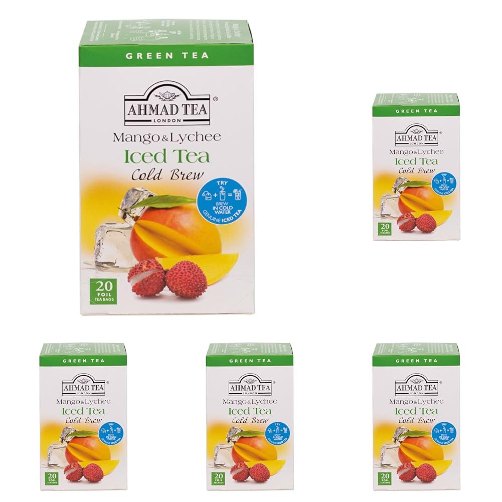 Ahmad Tea Mango & Lychee Cold Brew Green Tea - 20 Count Foil Tea Bags | Pack of 5