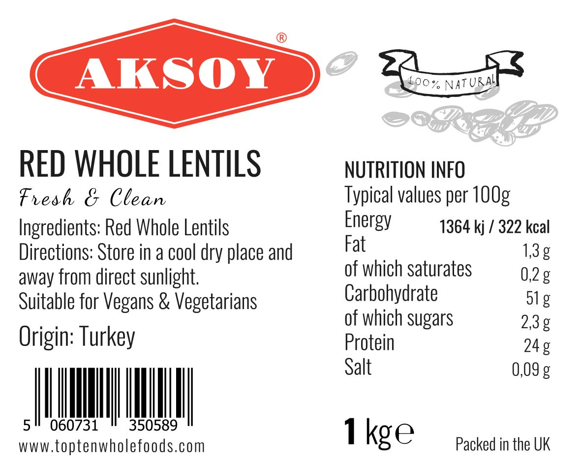 AKSOY Red Whole Lentils - 1.25kg Bag | Suitable for Vegans & Vegetarians | Turkish Origin