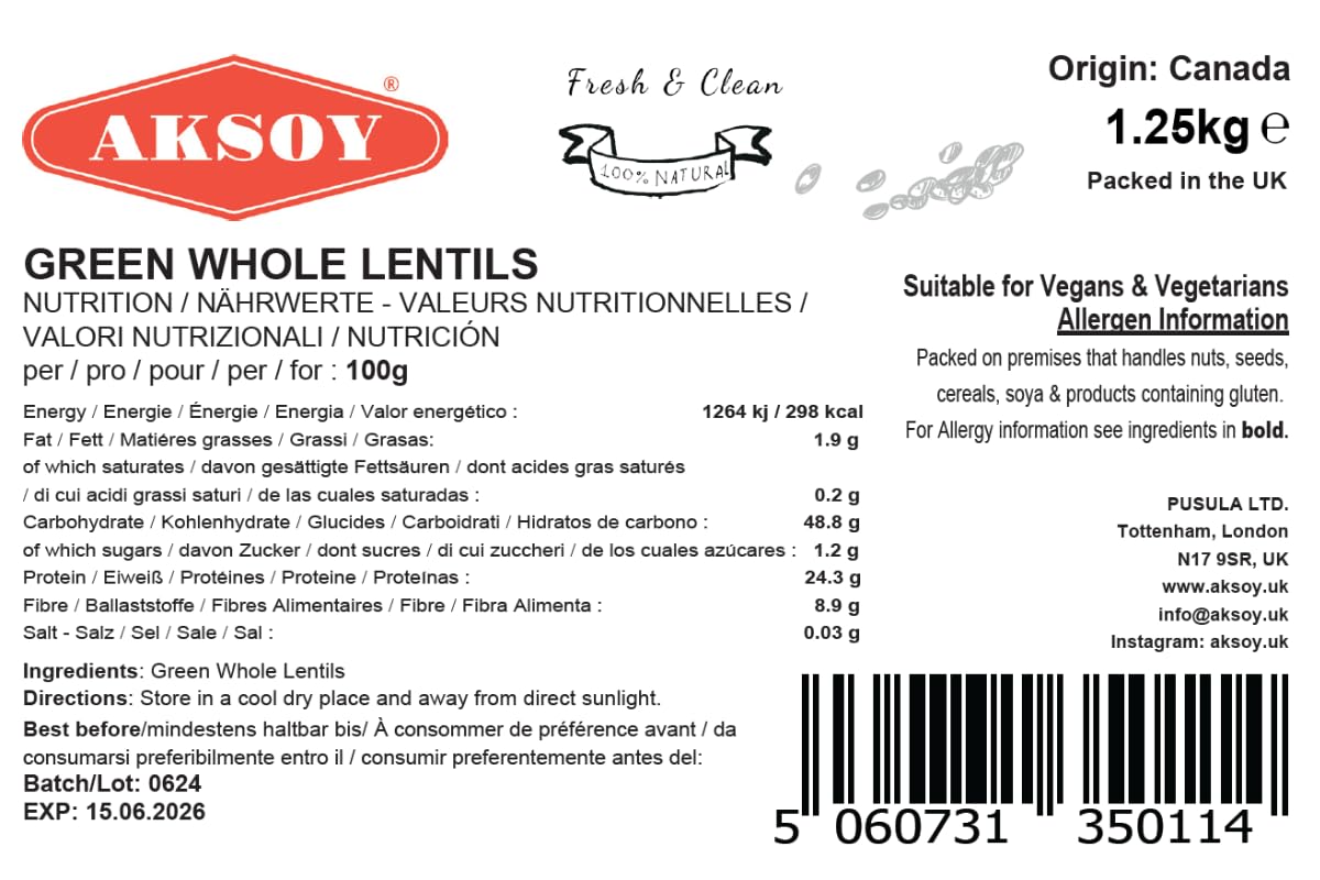 AKSOY Green Whole Lentils - 1.25 kg | Nutty Flavour | Firm Texture | Resealable Pouch 7