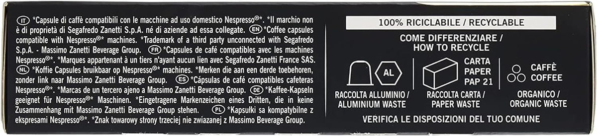 Segafredo Zanetti 100 Aluminum Capsules - 100% Arabica Coffee | Light Roast | Compatible with Nespresso 5