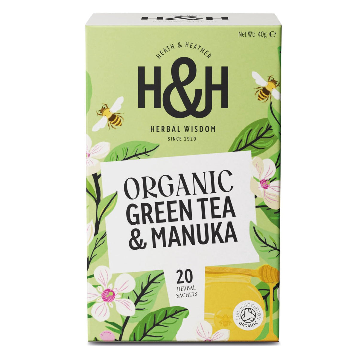 Heath & Heather Organic Green Tea with Manuka Honey - Antioxidant Rich, Immune Support, Supports Digestion & Metabolism | 20 Count Teabags