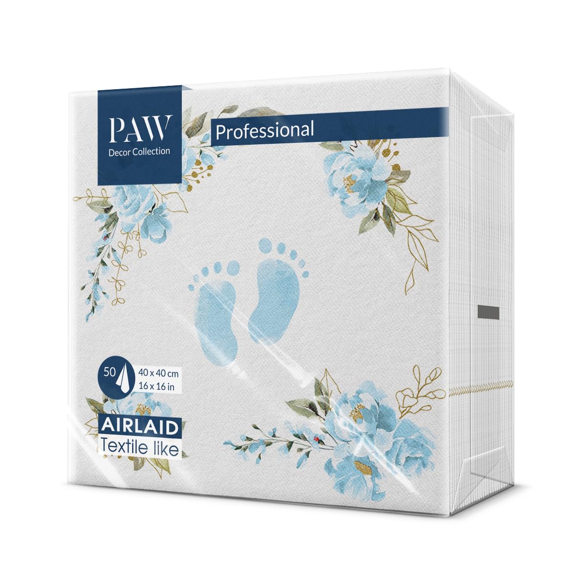 PAW Decor Collection Linen Feel Napkins - Baby Feet Light Blue | 40 x 40 cm | 50 Pack