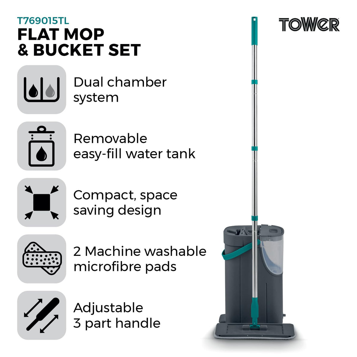 Tower Flat Mop and Bucket Set with 2 Washable Microfibre Mop Heads - Teal