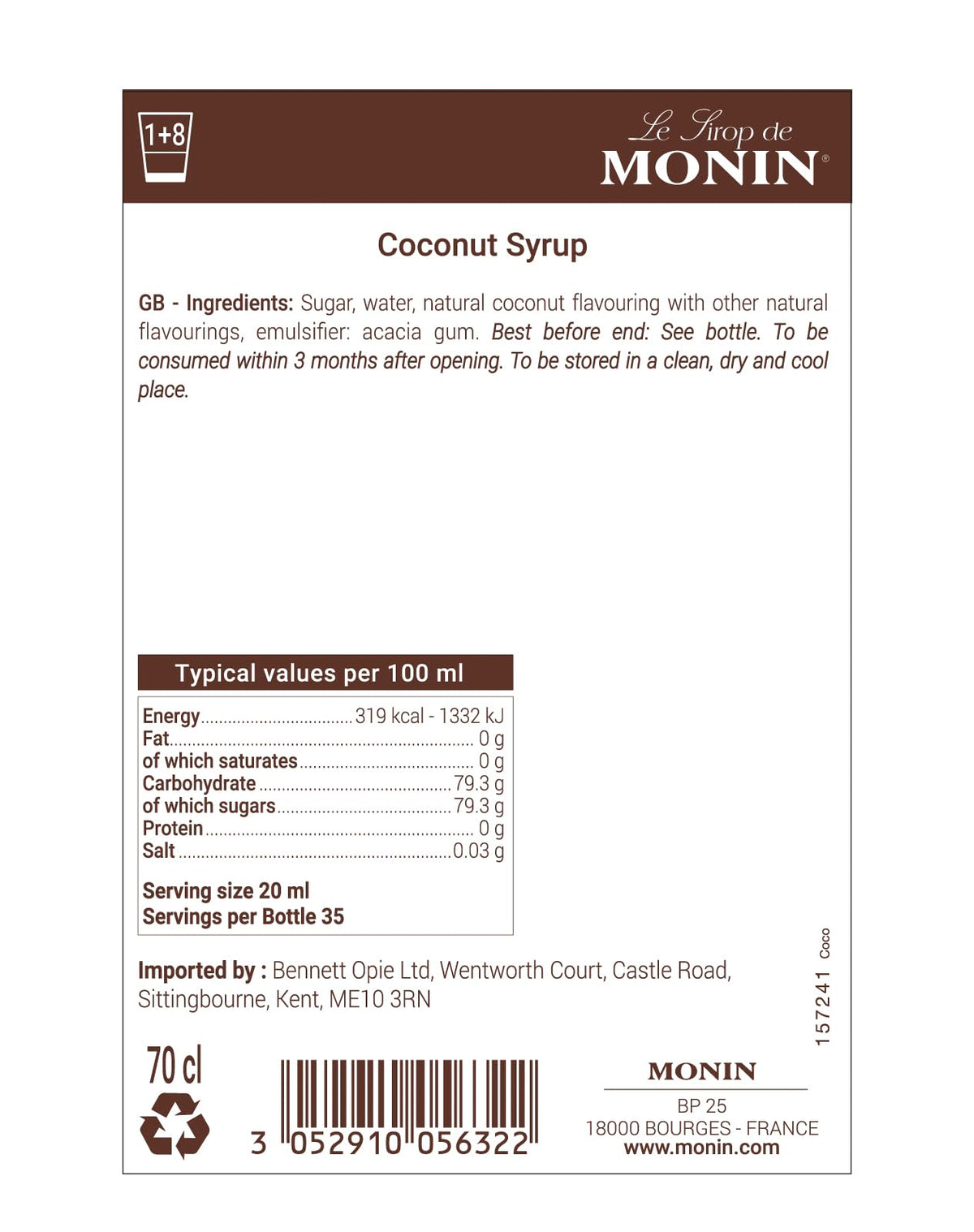 Monin Coconut Syrup - Intense Coconut Flavour | 700ml | Vegan-Friendly