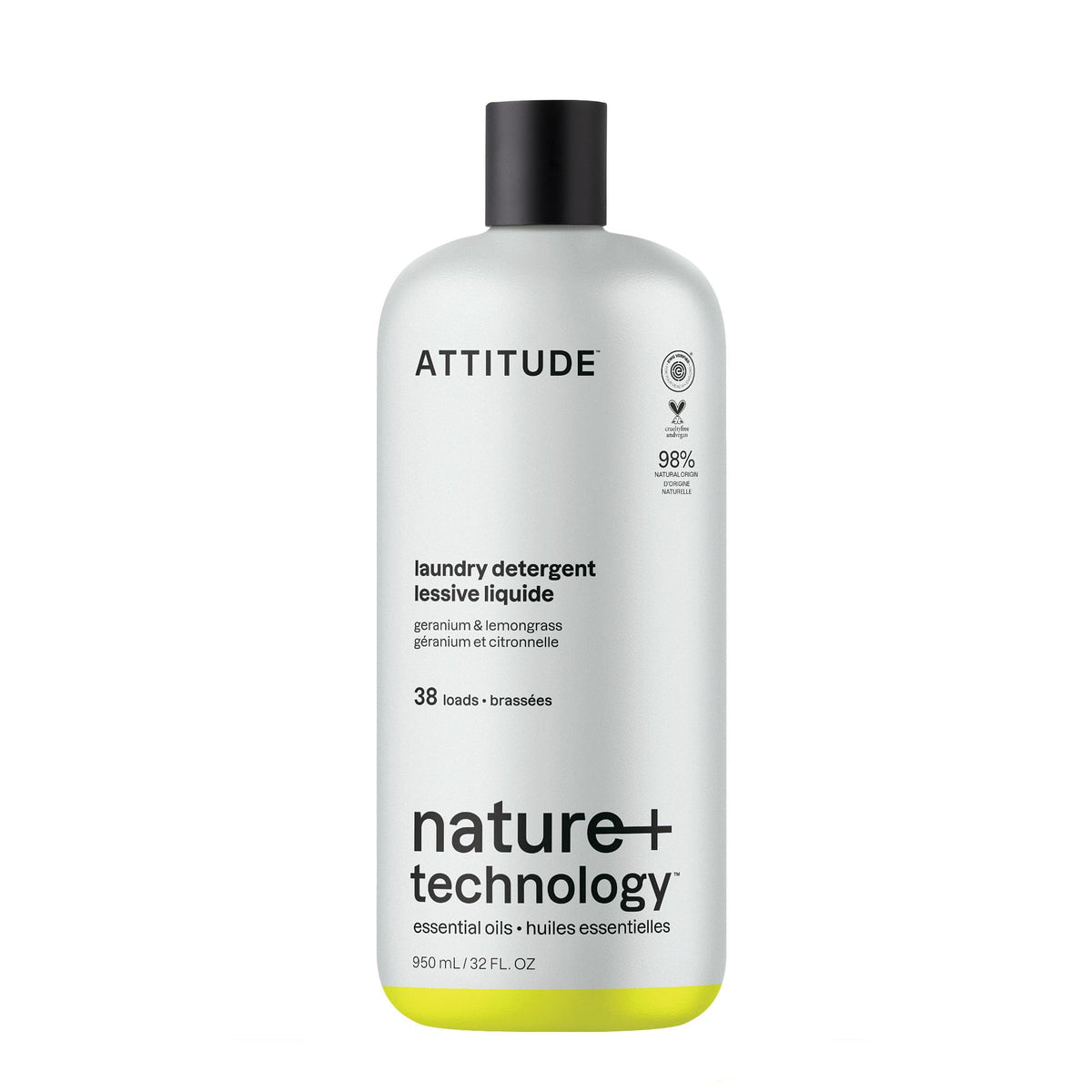 ATTITUDE Liquid Laundry Detergent - EWG Verified, Plant-Based, 38 Loads, Geranium & Lemongrass Scent