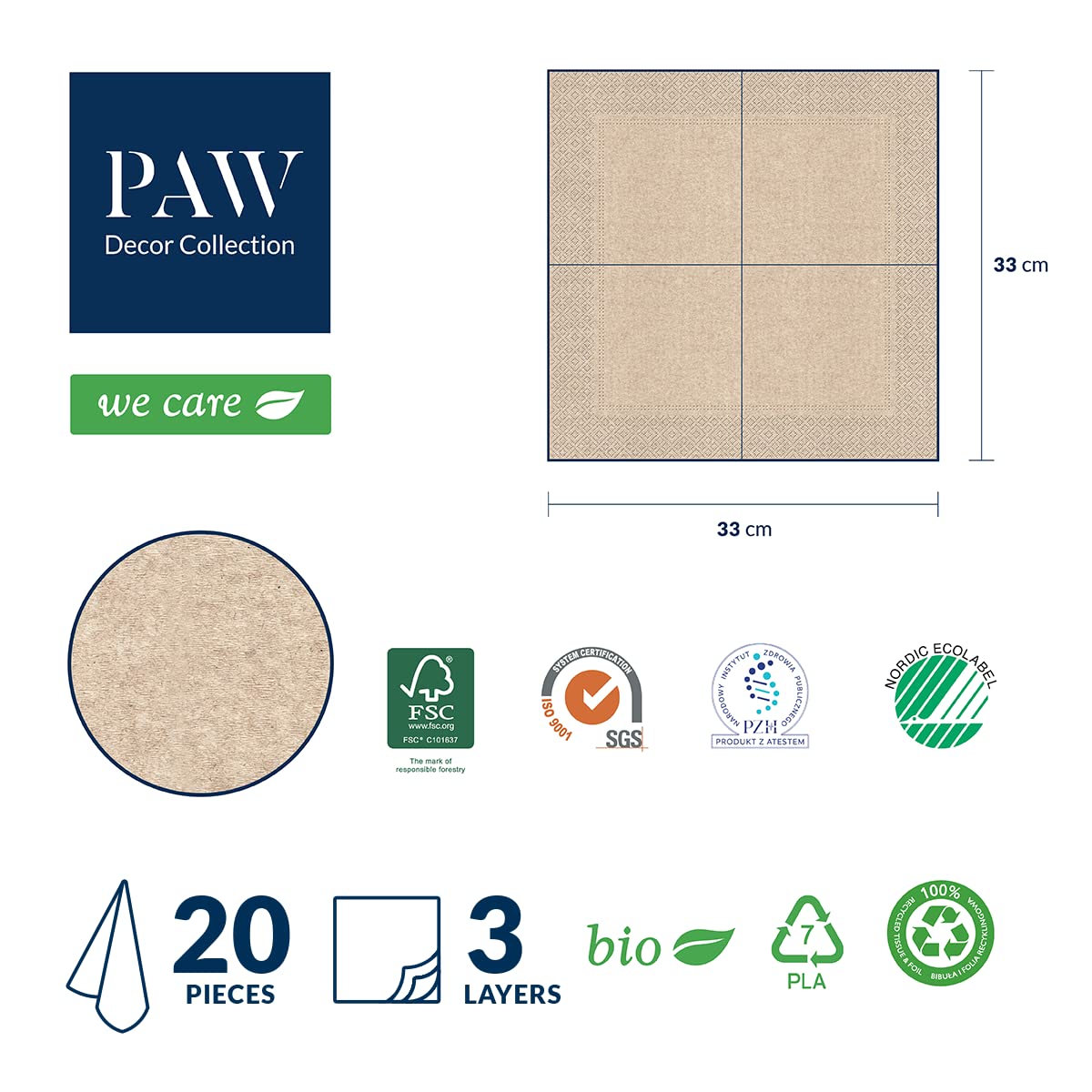 PAW Decor Collection Napkins 3-Ply (33 x 33 cm) - 20 Pieces | Eco-Friendly, Biodegradable 6