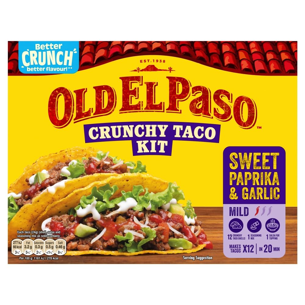Old El Paso Paprika & Garlic Crunchy Taco Kit - 12 Taco Shells, Seasoning Mix, Salsa - Mild - 287g