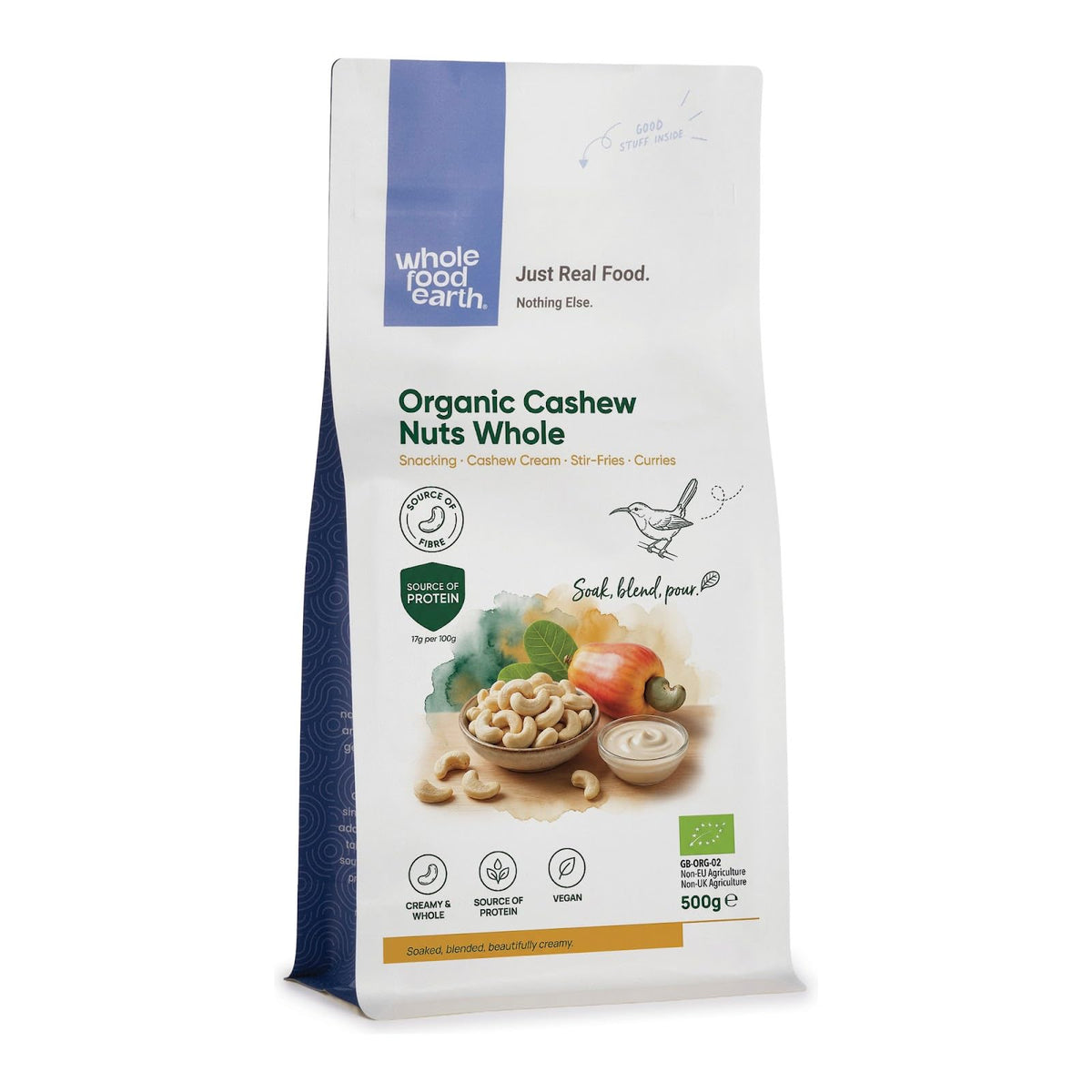 Wholefood Earth Organic Cashew Nuts Whole - 500g | Raw | Vegan | GMO Free
