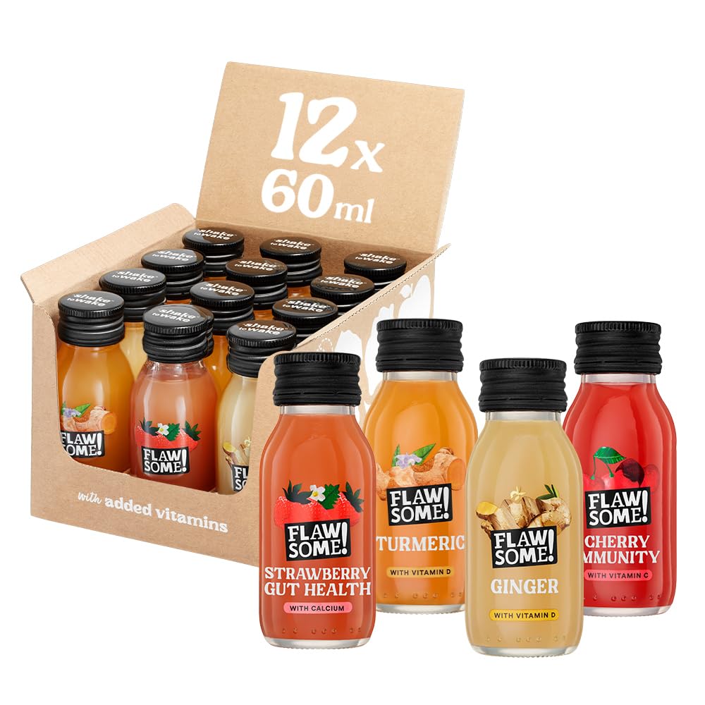 Flawsome! Vitamin & Prebiotic Shots Variety Pack - 12 x 60ml Shots | Immunity & Bone Support