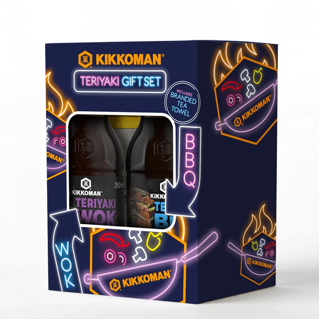 Kikkoman Teriyaki Garlic Sauce 250ml & Korean BBQ Sauce 250ml Gift Set with Tea Towel