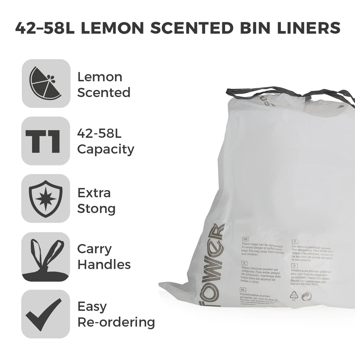 Tower Heavy Duty Drawstring Bin Liners - Lemon Scented | 40 Count | 58L Capacity