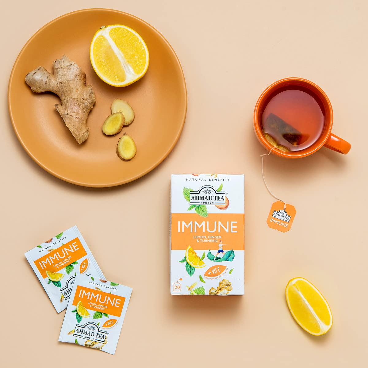 Ahmad Tea Lemon, Ginger & Turmeric 'Immune' Herbal Tea - Supports Immune System, Caffeine-Free, 20 Count (Pack of 2) 3