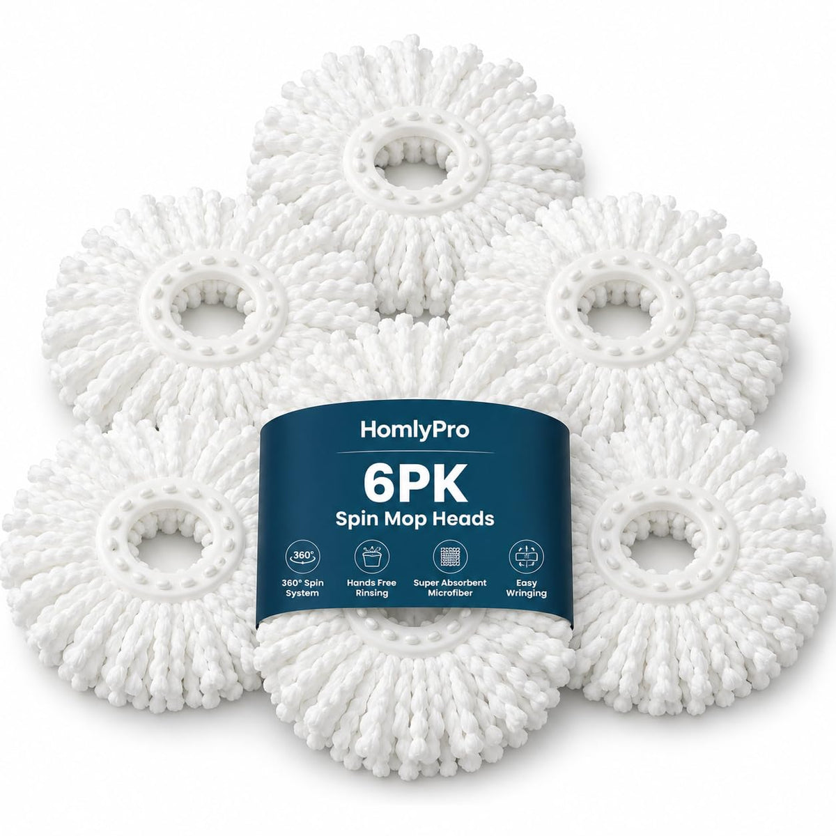 HomlyPro Spin Mop Replacement Heads - 6 Pack Microfiber Pads | Reusable & Machine Washable | Deep Cleaning