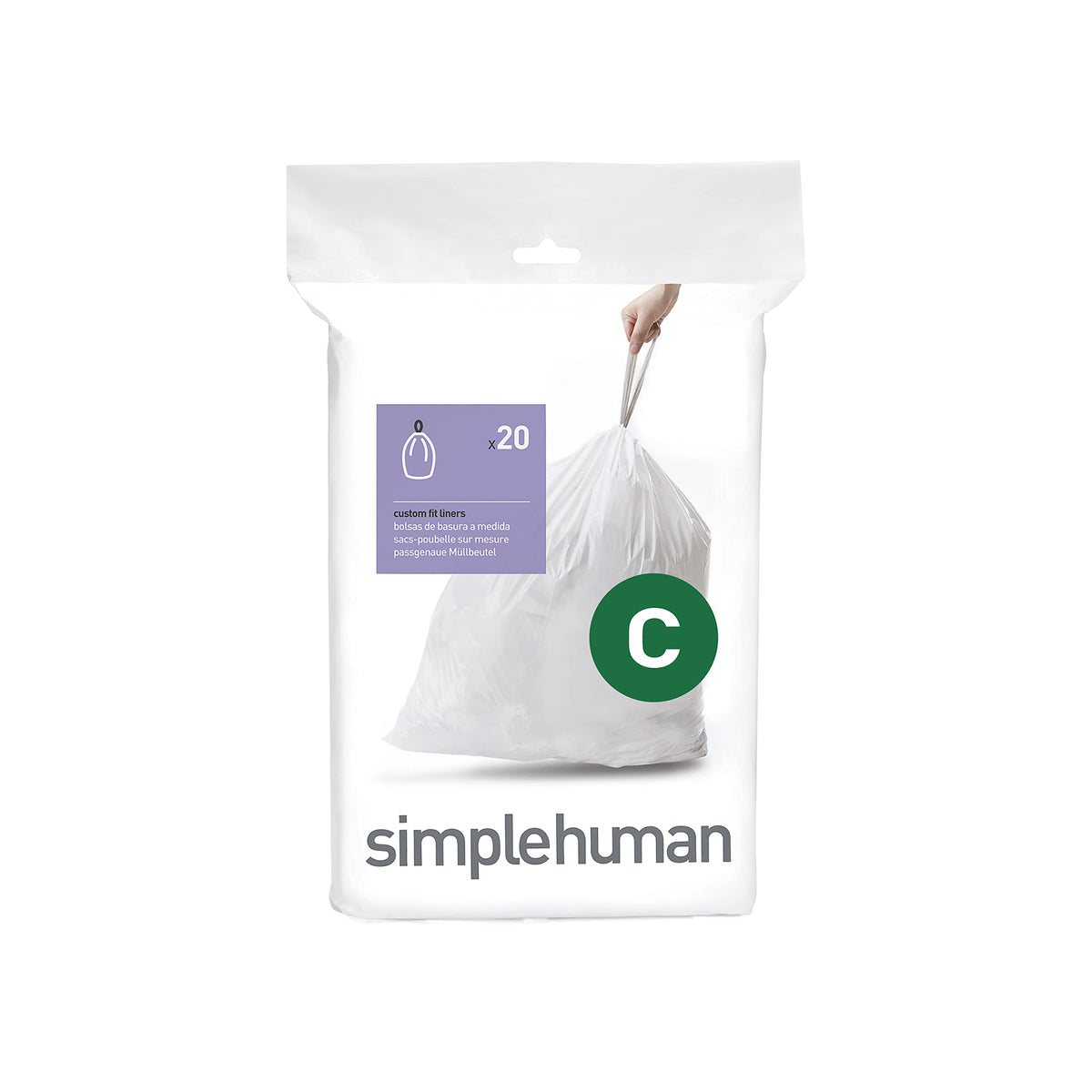 simplehuman Code C Custom Fit Bin Liners - 12 Litre Capacity, White Plastic, Pack of 20