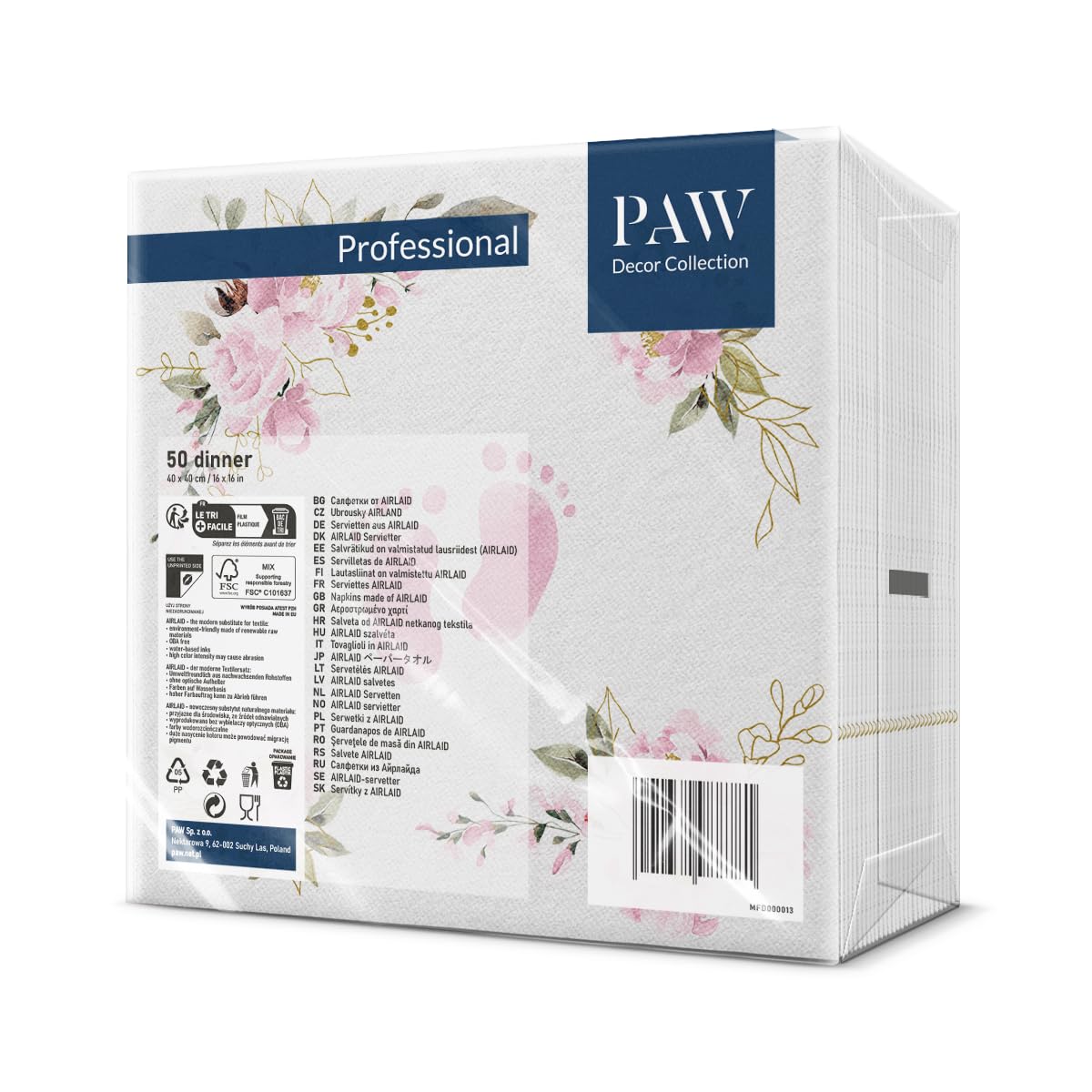 PAW Decor Collection Linen Feel Napkins - Baby Feet Light Pink | 40 x 40 cm | 50 Pack