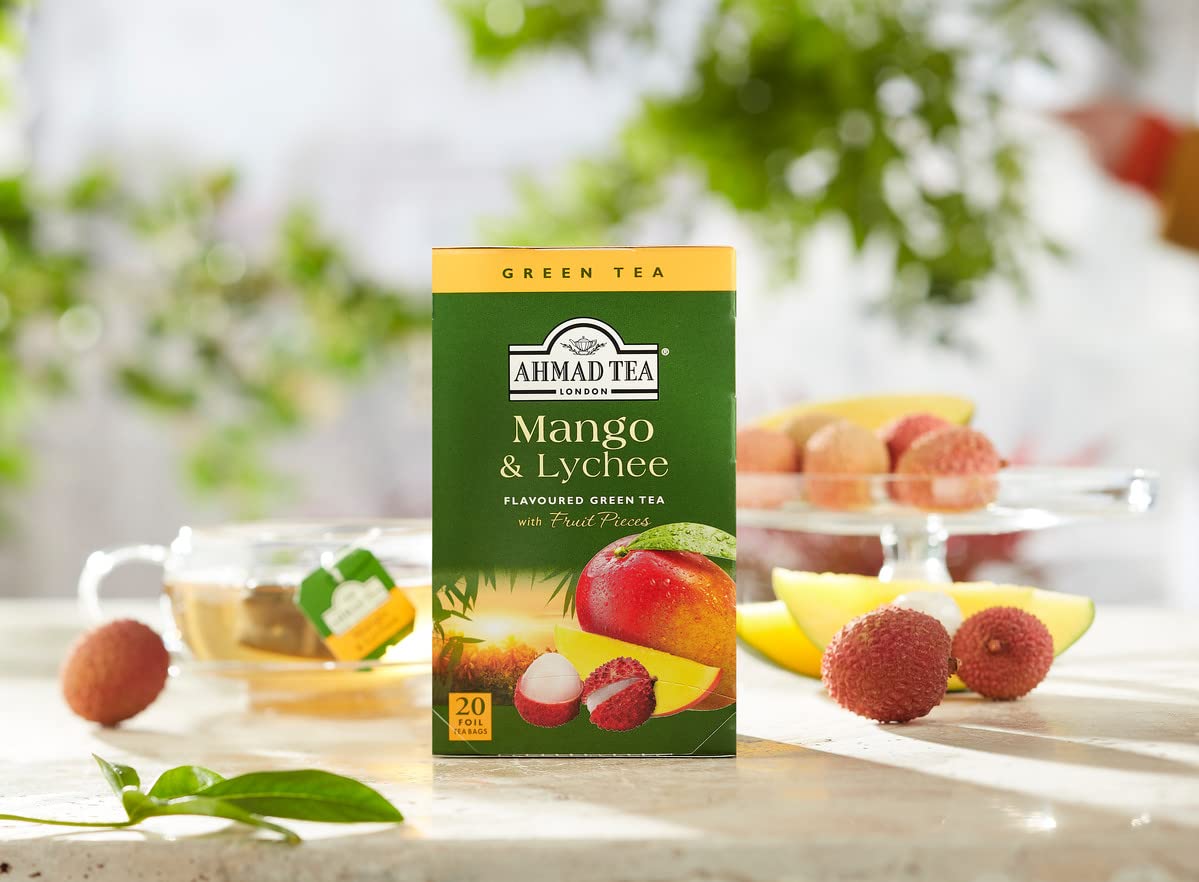Ahmad Tea Mango & Lychee Green Tea - Exotic Flavor, Antioxidant Rich | 20 Teabags (Pack of 2)