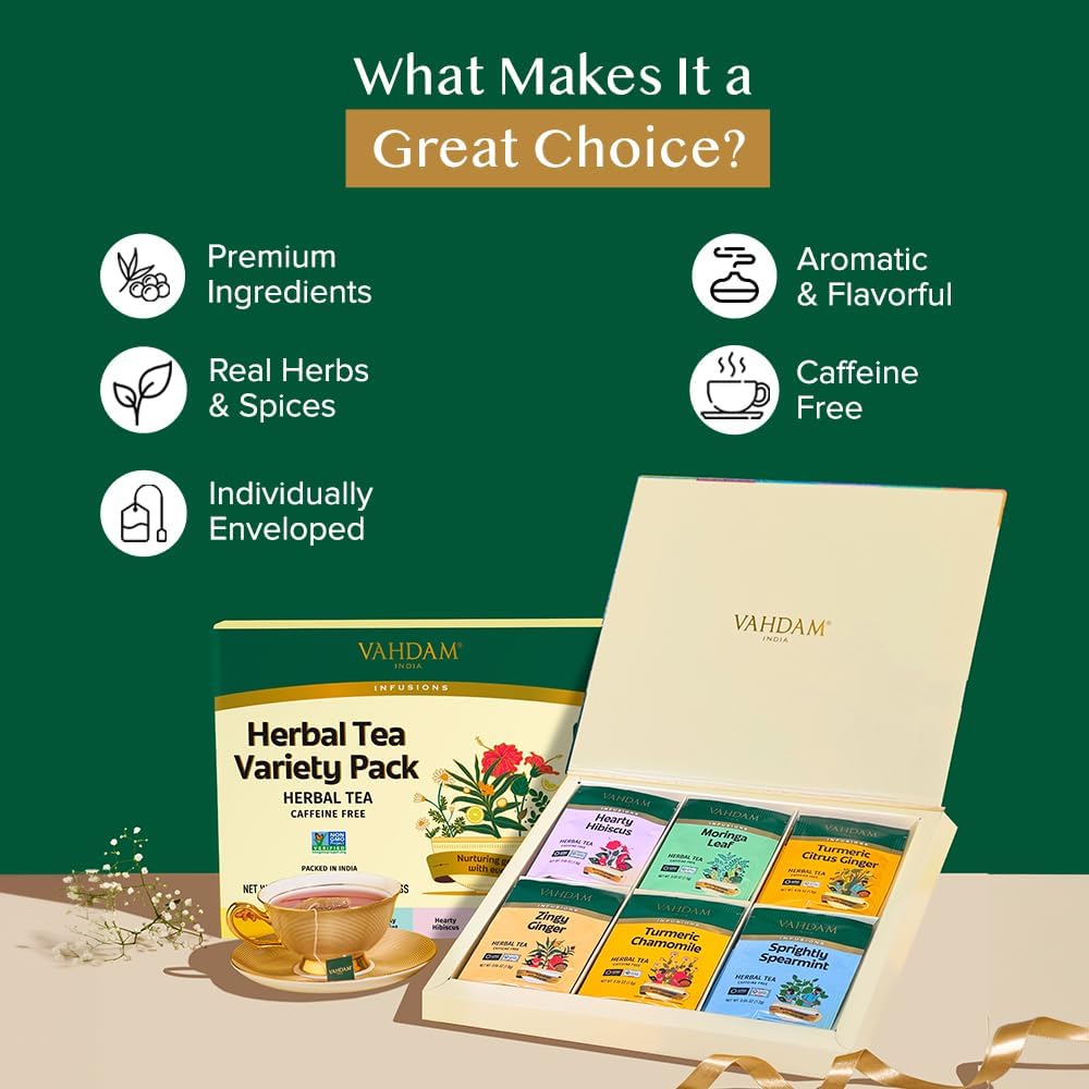 VAHDAM Herbal Tea Sampler - 36 Caffeine-Free Tea Bags | 6 Flavors | Eco-Friendly 4