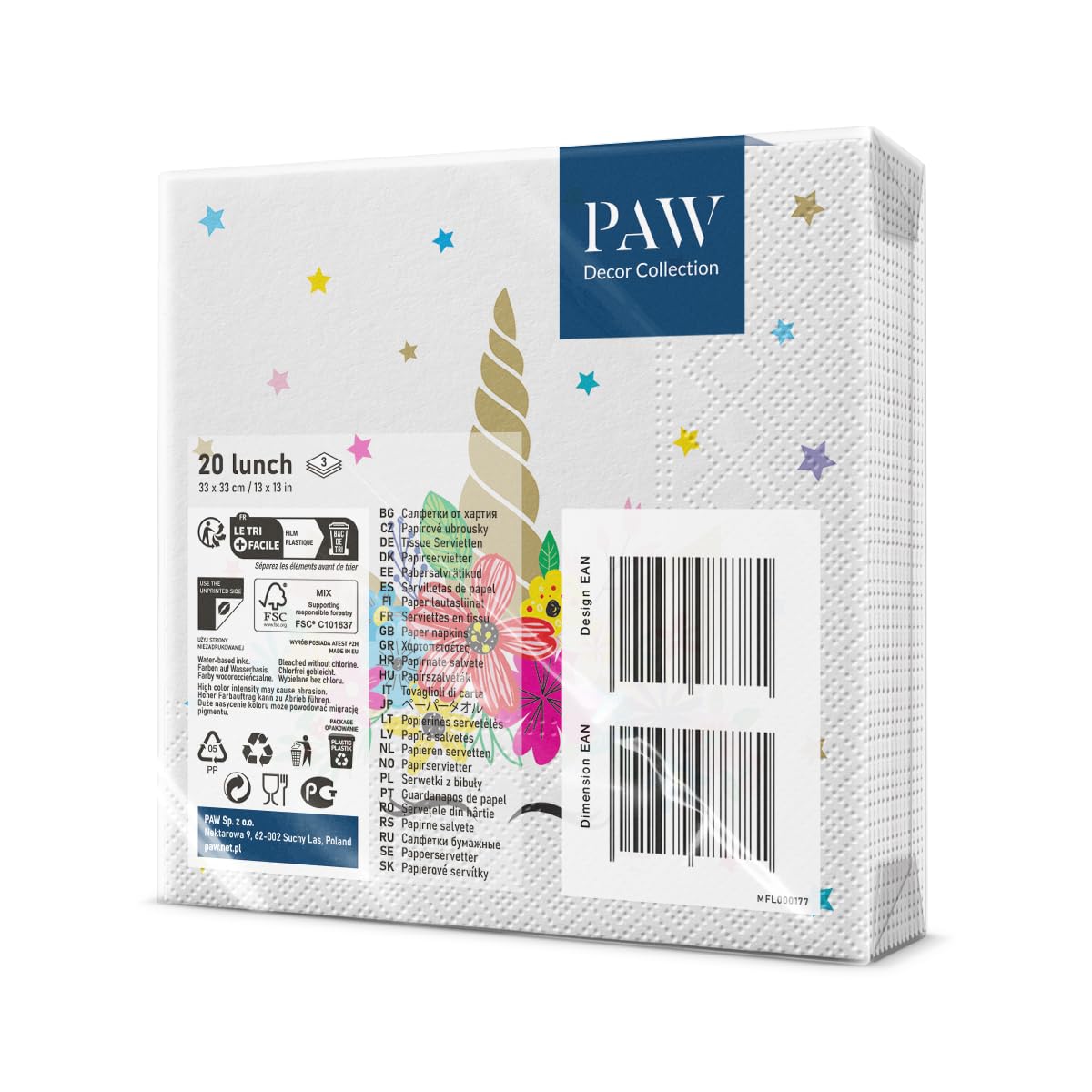 PAW Decor Collection - Unicorn Party Napkins - 3-Ply, 33 x 33 cm, 20 Pieces