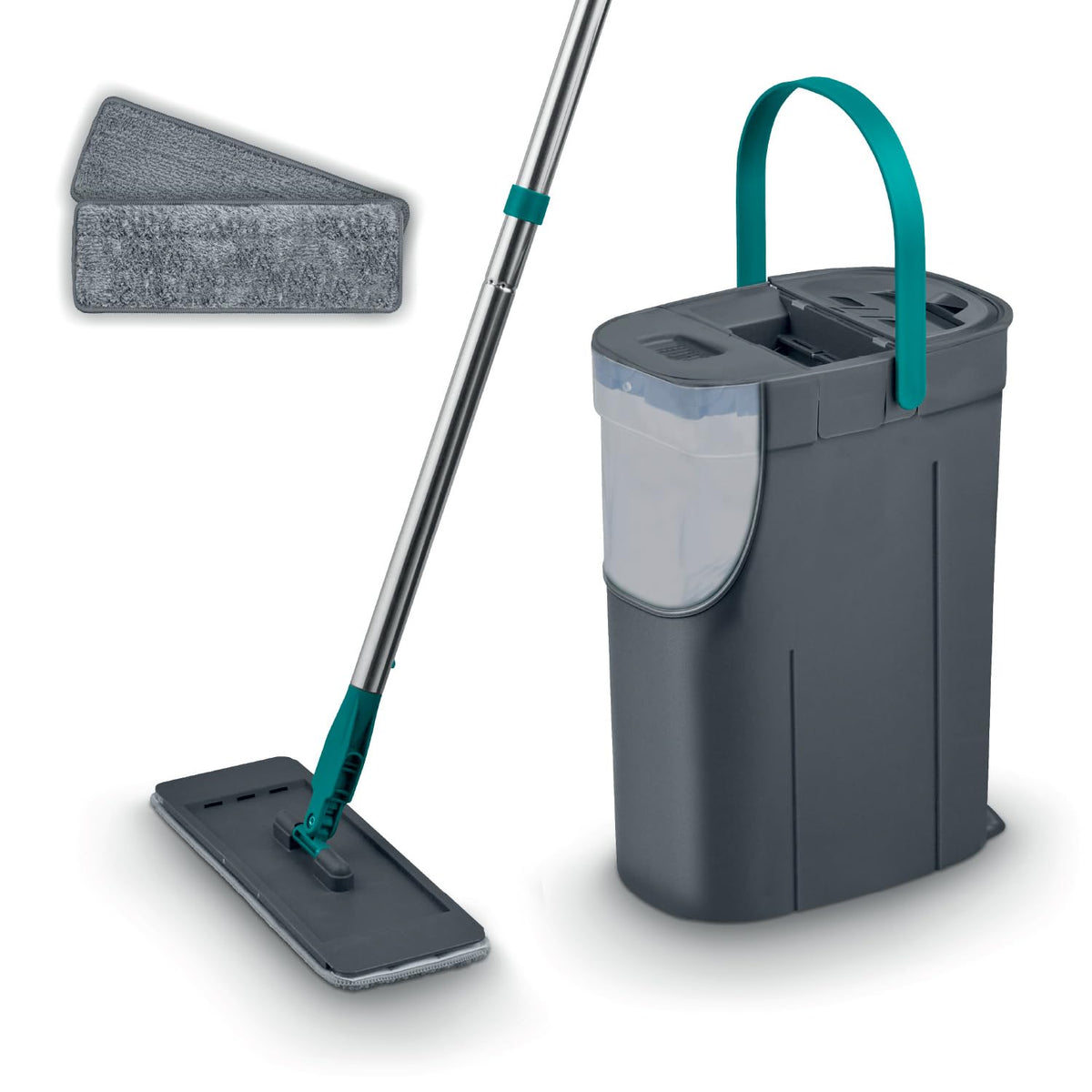 Tower Flat Mop and Bucket Set with 2 Washable Microfibre Mop Heads - Teal