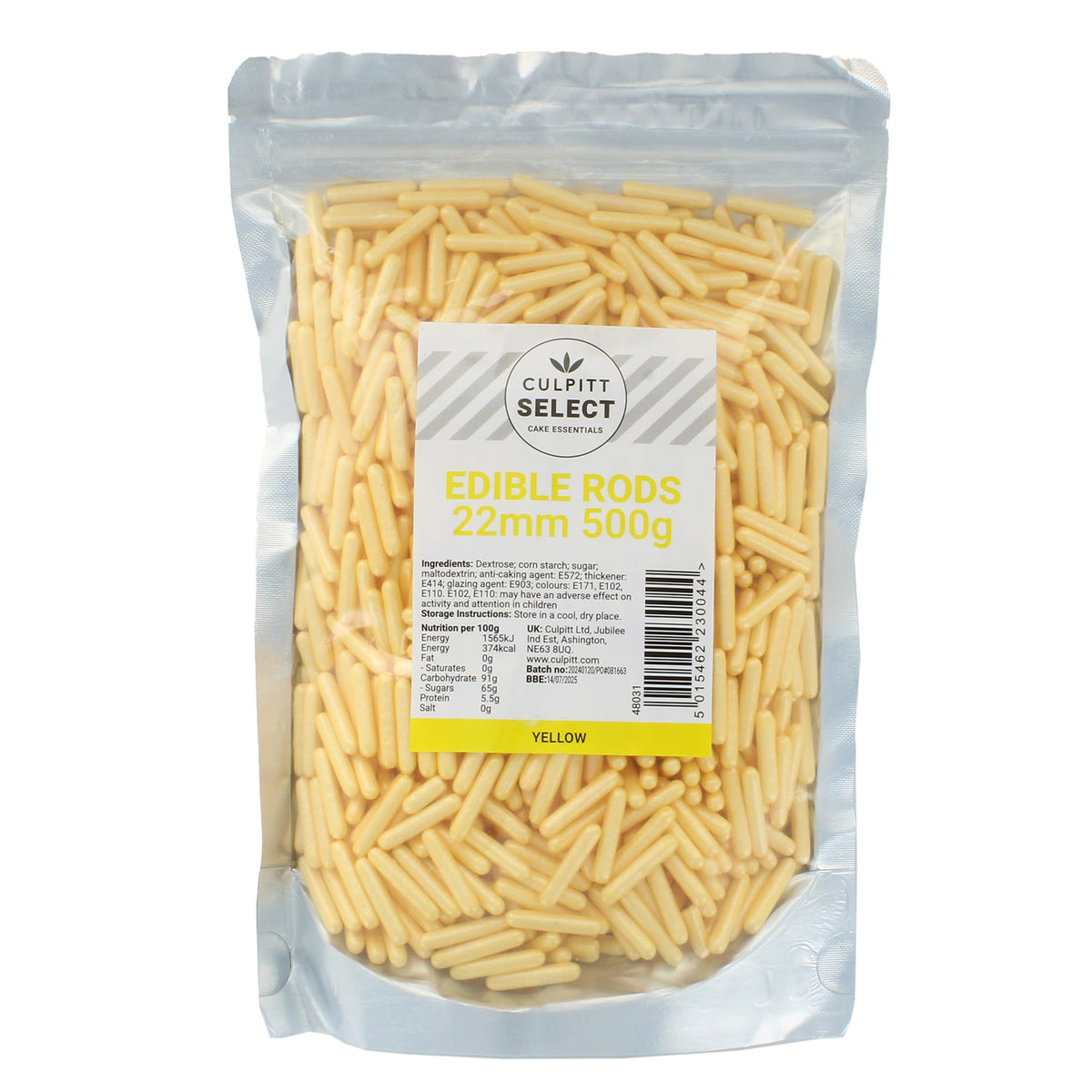 Culpitt Select Yellow Sugar Rods - 500g Pouch | Edible Cake Decorations | 22mm Length 1
