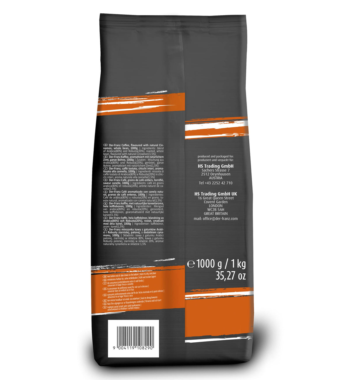 Der-Franz Cinnamon Flavoured Whole Coffee Beans - 1kg Bag | 80% Arabica, 20% Robusta Blend | Medium Roast